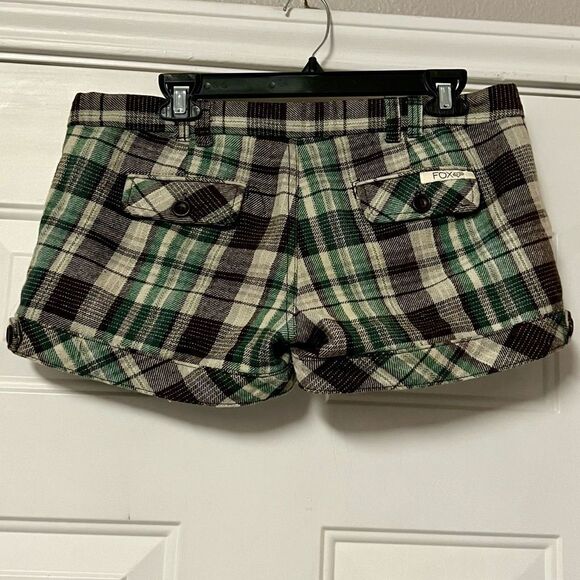 FOX VTG Y2K Academia Plaid Wool Brown Green Ivory Low Rise Mini Dress Shorts 7 S - Picture 5 of 16